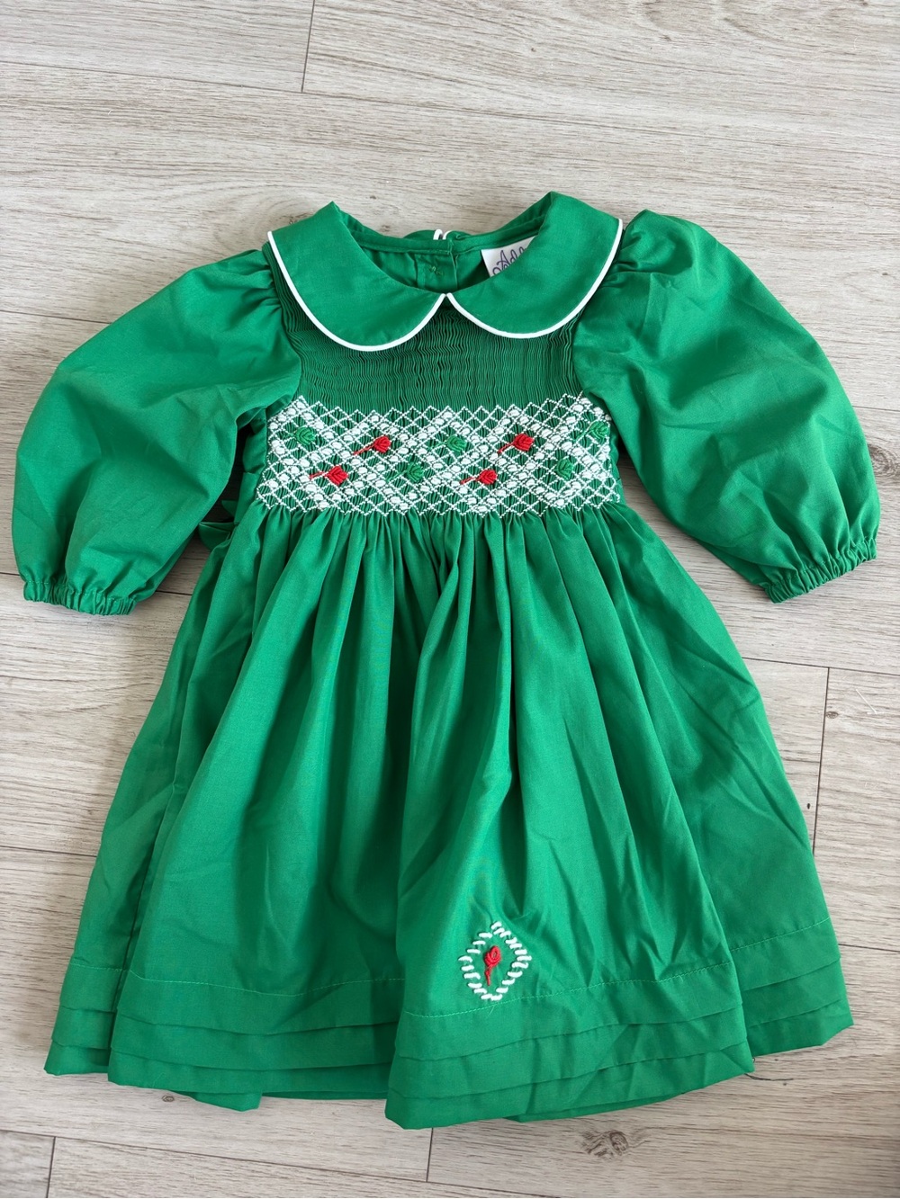 Smocked A Lot Girls Christmas Classic Dress Green Peter Pan Collar Santa Tree